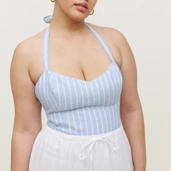 Reformation Jenna Linen Top in Mineral Stripe - Size 2 - Picture 1 of 6